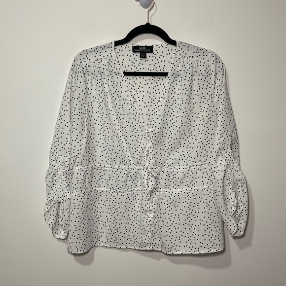SFW Tops - SFW women’s Black and white polka dots ruched sleeves and bow tie blouse in M